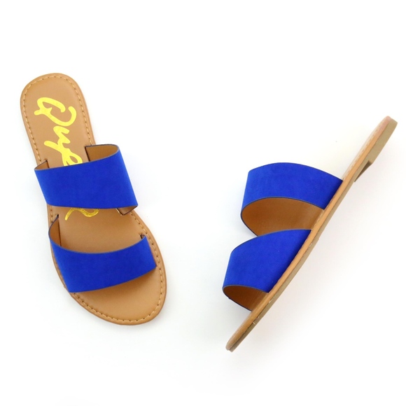 Qupid Athena Cobalt Blue Two Band Sandals NEW! - Picture 4 of 8
